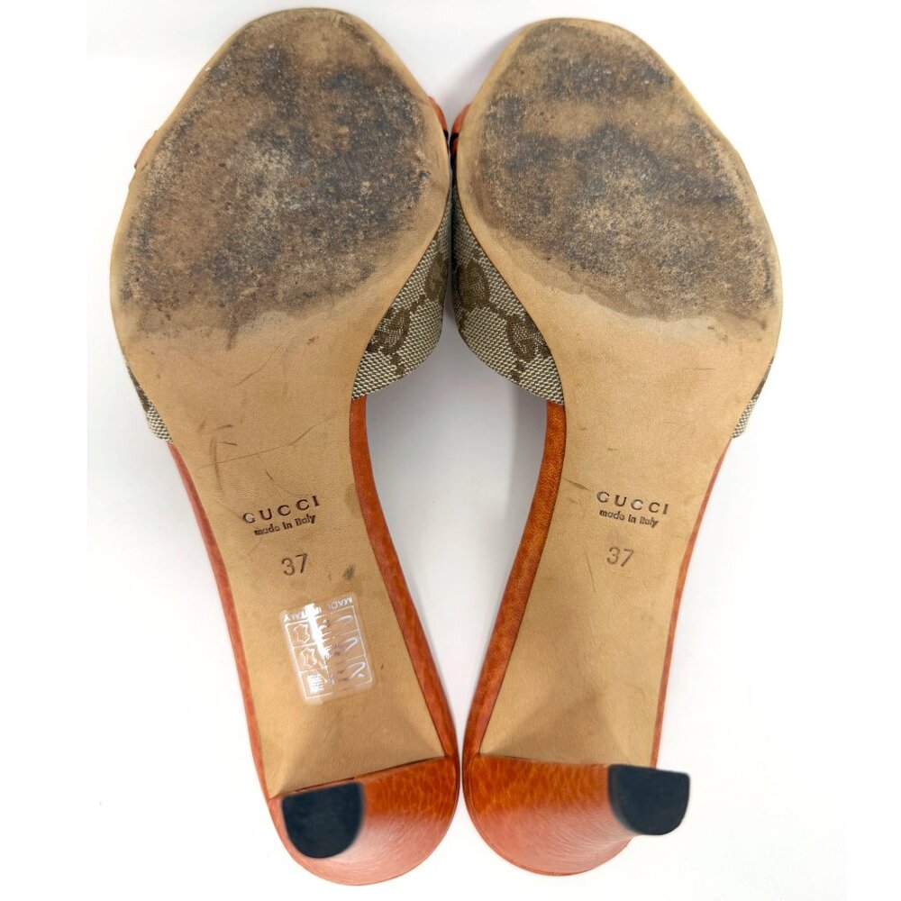 Gucci Horsebit Mules GG Canvas Leather Bamboo Heels Size 37 Italy - Picture 7 of 7